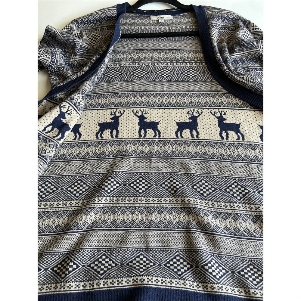 BASS USA S Navy Blue Beige DEER Knit Open Front LONG CARDIGAN Sweater FAIR ISLE